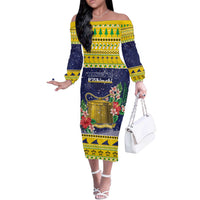 Tokelau Christmas Off The Shoulder Long Sleeve Dress Tokelauan Badge Manuia Te Kilihimahi LT05 Women Yellow - Polynesian Pride