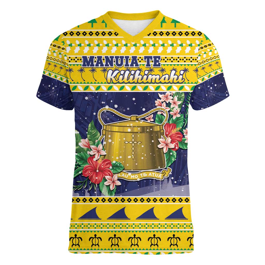 Tokelau Christmas Women V-Neck T-Shirt Tokelauan Badge Manuia Te Kilihimahi LT05 Female Yellow - Polynesian Pride