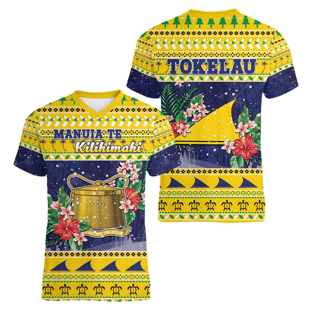 Tokelau Christmas Women V-Neck T-Shirt Tokelauan Badge Manuia Te Kilihimahi LT05 - Polynesian Pride