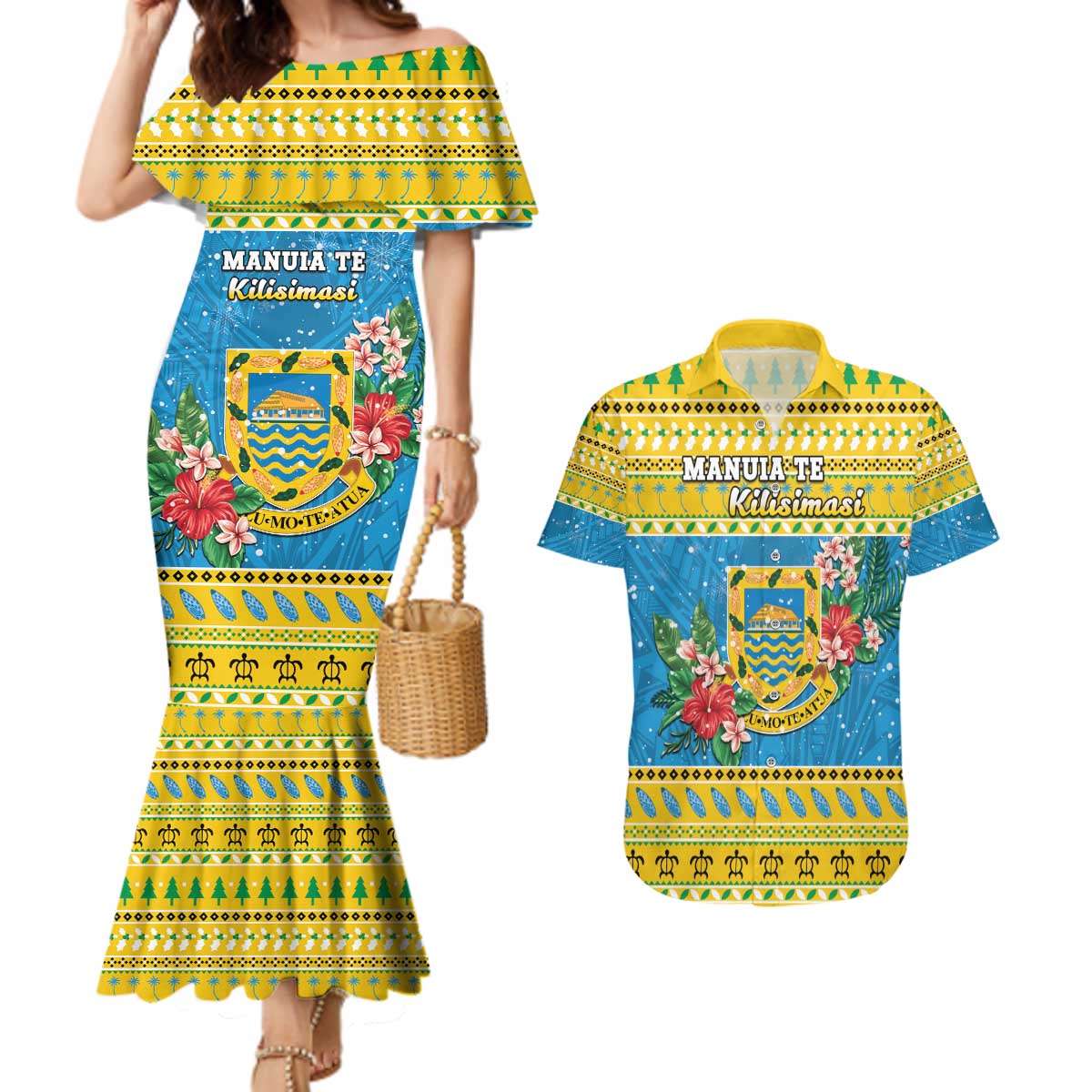 Tuvalu Christmas Couples Matching Mermaid Dress and Hawaiian Shirt Coat Of Arms Manuia Te Kilisimasi LT05 Yellow - Polynesian Pride