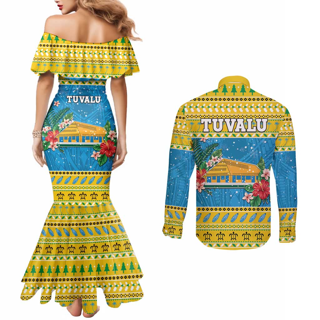 Tuvalu Christmas Couples Matching Mermaid Dress and Long Sleeve Button Shirt Coat Of Arms Manuia Te Kilisimasi LT05 - Polynesian Pride