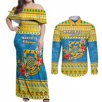 Tuvalu Christmas Couples Matching Off Shoulder Maxi Dress and Long Sleeve Button Shirt Coat Of Arms Manuia Te Kilisimasi LT05 Yellow - Polynesian Pride