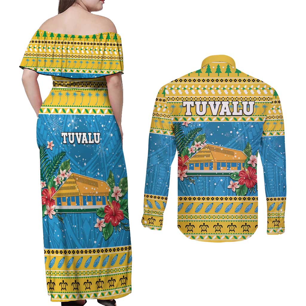 Tuvalu Christmas Couples Matching Off Shoulder Maxi Dress and Long Sleeve Button Shirt Coat Of Arms Manuia Te Kilisimasi LT05 - Polynesian Pride
