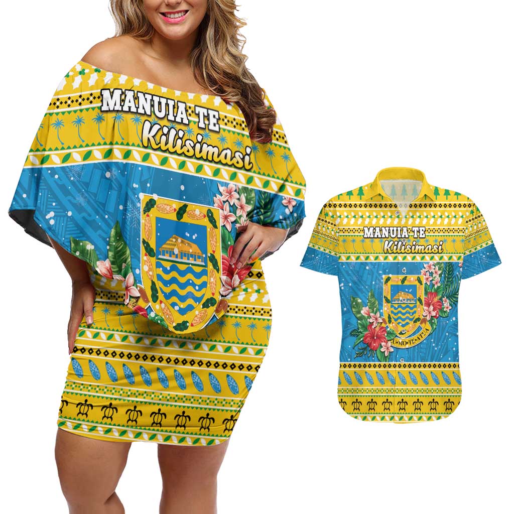 Tuvalu Christmas Couples Matching Off Shoulder Short Dress and Hawaiian Shirt Coat Of Arms Manuia Te Kilisimasi LT05 Yellow - Polynesian Pride