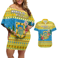 Tuvalu Christmas Couples Matching Off Shoulder Short Dress and Hawaiian Shirt Coat Of Arms Manuia Te Kilisimasi LT05 Yellow - Polynesian Pride