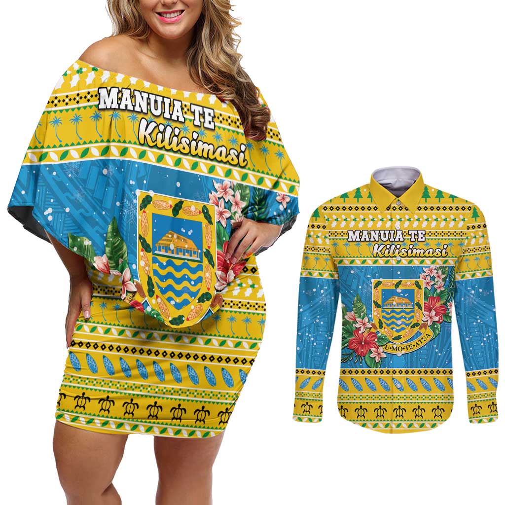 Tuvalu Christmas Couples Matching Off Shoulder Short Dress and Long Sleeve Button Shirt Coat Of Arms Manuia Te Kilisimasi LT05 Yellow - Polynesian Pride