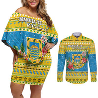 Tuvalu Christmas Couples Matching Off Shoulder Short Dress and Long Sleeve Button Shirt Coat Of Arms Manuia Te Kilisimasi LT05 Yellow - Polynesian Pride