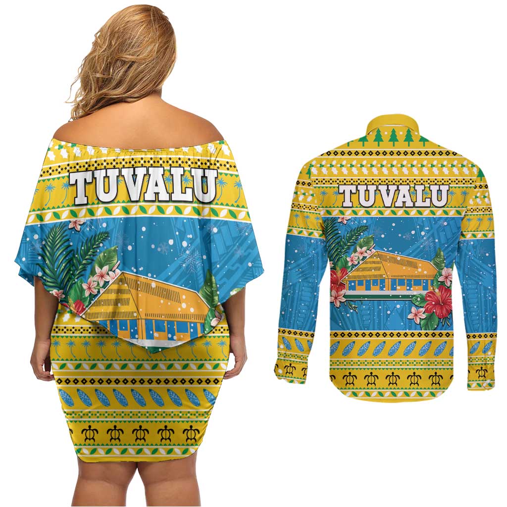 Tuvalu Christmas Couples Matching Off Shoulder Short Dress and Long Sleeve Button Shirt Coat Of Arms Manuia Te Kilisimasi LT05 - Polynesian Pride
