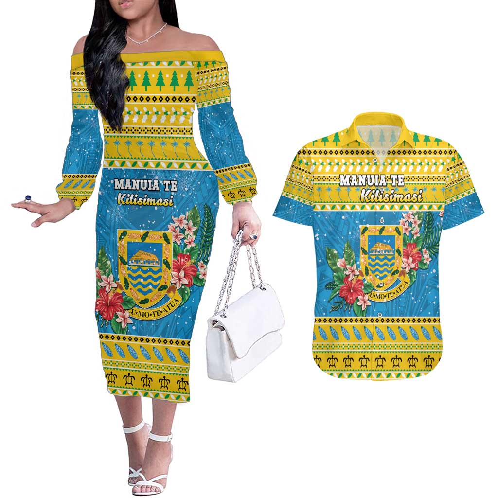 Tuvalu Christmas Couples Matching Off The Shoulder Long Sleeve Dress and Hawaiian Shirt Coat Of Arms Manuia Te Kilisimasi LT05 Yellow - Polynesian Pride