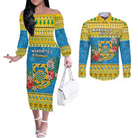 Tuvalu Christmas Couples Matching Off The Shoulder Long Sleeve Dress and Long Sleeve Button Shirt Coat Of Arms Manuia Te Kilisimasi LT05 Yellow - Polynesian Pride