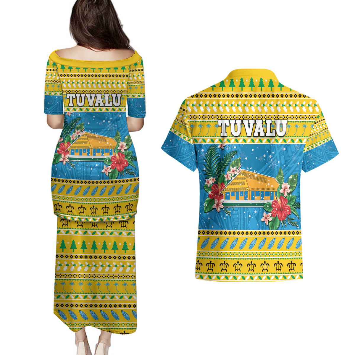 Tuvalu Christmas Couples Matching Puletasi and Hawaiian Shirt Coat Of Arms Manuia Te Kilisimasi LT05 - Polynesian Pride
