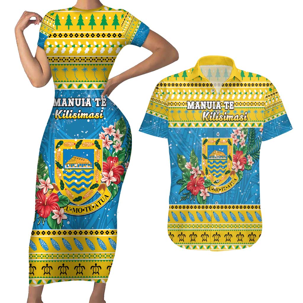 Tuvalu Christmas Couples Matching Short Sleeve Bodycon Dress and Hawaiian Shirt Coat Of Arms Manuia Te Kilisimasi LT05 Yellow - Polynesian Pride