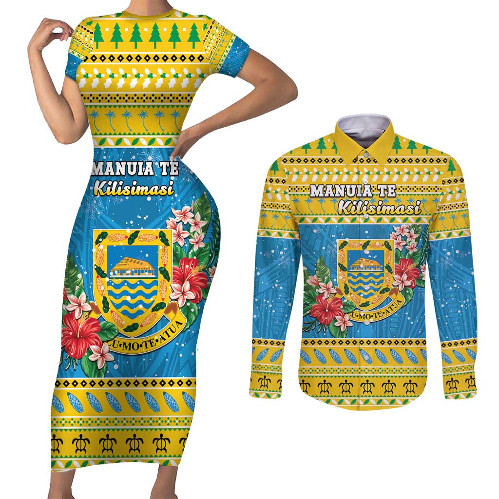 Tuvalu Christmas Couples Matching Short Sleeve Bodycon Dress and Long Sleeve Button Shirt Coat Of Arms Manuia Te Kilisimasi LT05 Yellow - Polynesian Pride