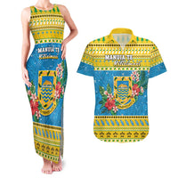 Tuvalu Christmas Couples Matching Tank Maxi Dress and Hawaiian Shirt Coat Of Arms Manuia Te Kilisimasi LT05 Yellow - Polynesian Pride
