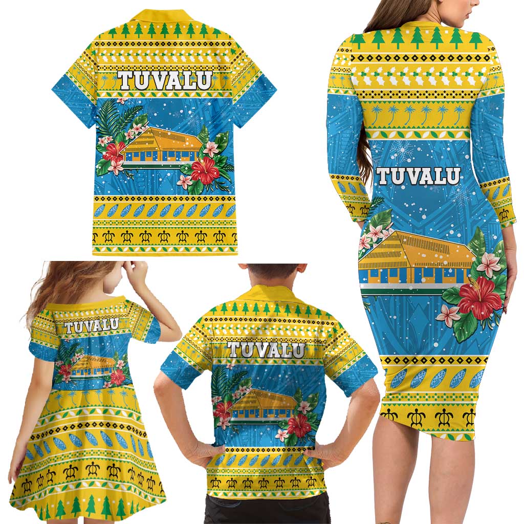 Tuvalu Christmas Family Matching Long Sleeve Bodycon Dress and Hawaiian Shirt Coat Of Arms Manuia Te Kilisimasi LT05 - Polynesian Pride