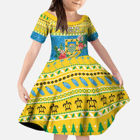 Tuvalu Christmas Family Matching Off The Shoulder Long Sleeve Dress and Hawaiian Shirt Coat Of Arms Manuia Te Kilisimasi LT05 Daughter's Dress Yellow - Polynesian Pride