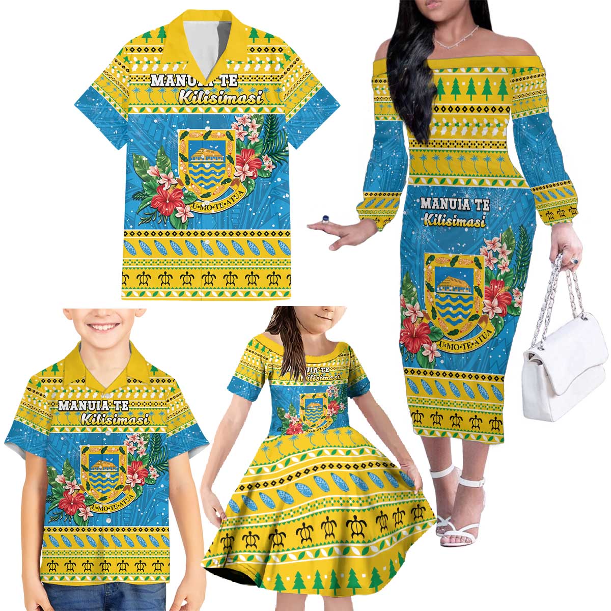 Tuvalu Christmas Family Matching Off The Shoulder Long Sleeve Dress and Hawaiian Shirt Coat Of Arms Manuia Te Kilisimasi LT05 - Polynesian Pride