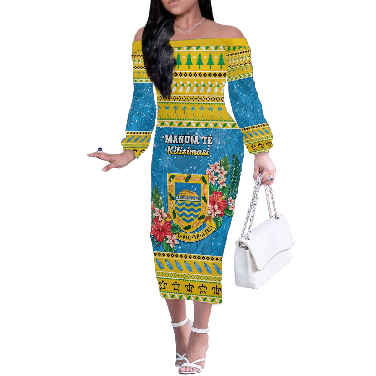 Tuvalu Christmas Family Matching Off The Shoulder Long Sleeve Dress and Hawaiian Shirt Coat Of Arms Manuia Te Kilisimasi LT05 Mom's Dress Yellow - Polynesian Pride