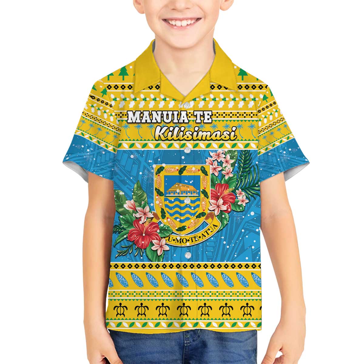 Tuvalu Christmas Family Matching Off The Shoulder Long Sleeve Dress and Hawaiian Shirt Coat Of Arms Manuia Te Kilisimasi LT05 Son's Shirt Yellow - Polynesian Pride