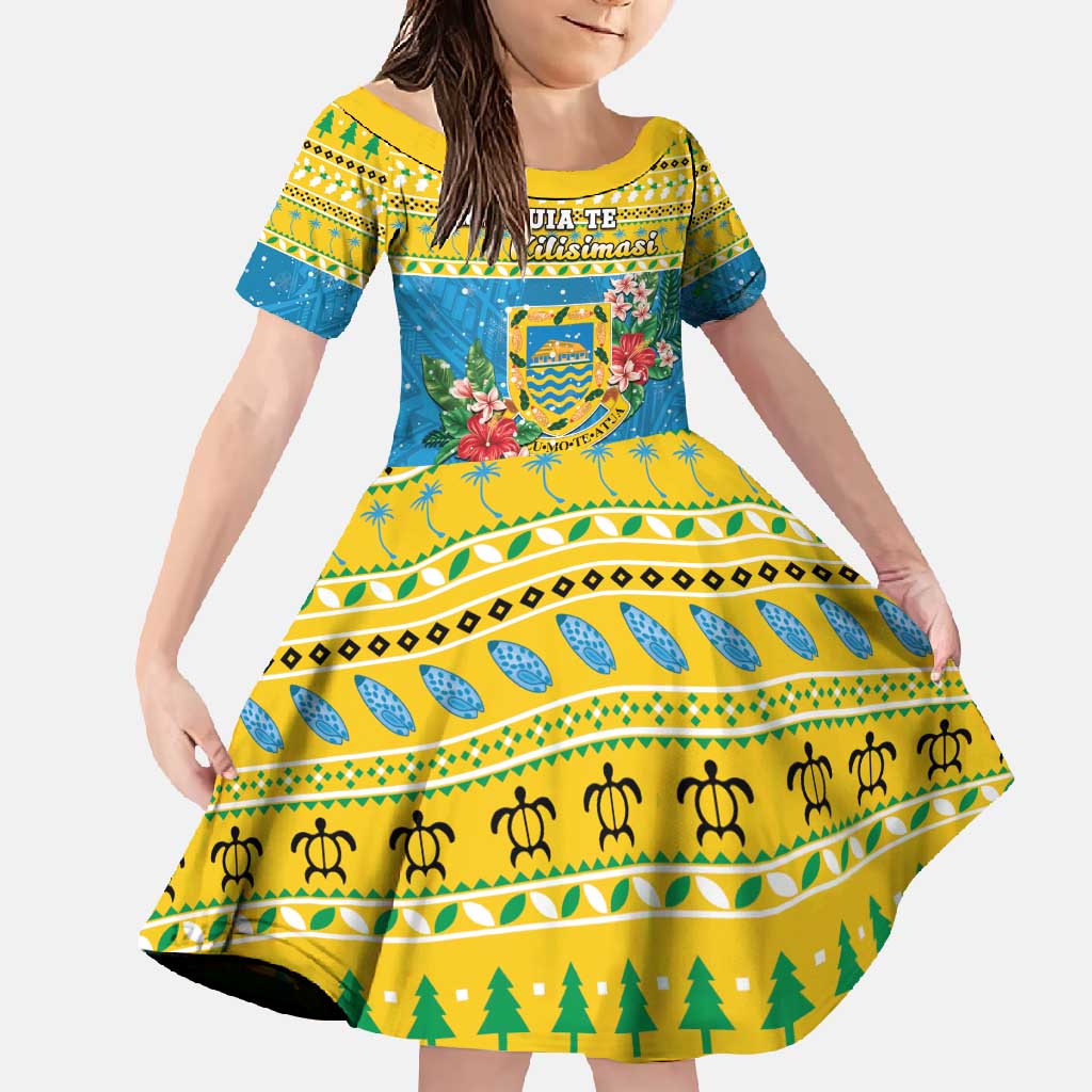 Tuvalu Christmas Family Matching Off Shoulder Maxi Dress and Hawaiian Shirt Coat Of Arms Manuia Te Kilisimasi LT05 Daughter's Dress Yellow - Polynesian Pride