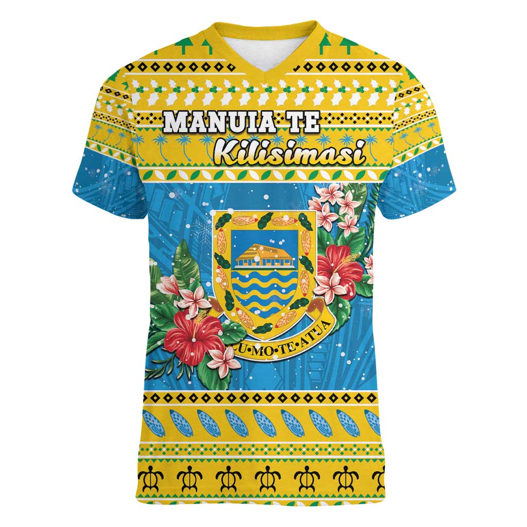 Tuvalu Christmas Women V-Neck T-Shirt Coat Of Arms Manuia Te Kilisimasi LT05 Female Yellow - Polynesian Pride