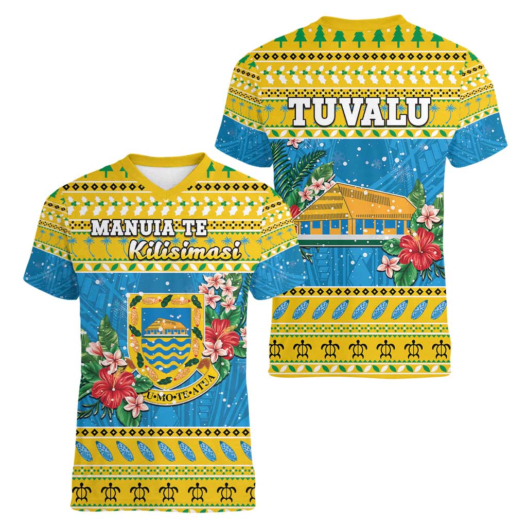 Tuvalu Christmas Women V-Neck T-Shirt Coat Of Arms Manuia Te Kilisimasi LT05 - Polynesian Pride