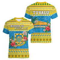Tuvalu Christmas Women V-Neck T-Shirt Coat Of Arms Manuia Te Kilisimasi LT05 - Polynesian Pride