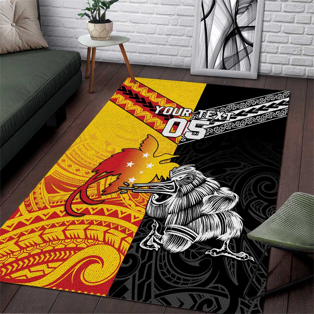 New Zealand And Papua New Guinea Rugby Custom Area Rug Maori Kiwi With Bird of Paradise LT05 Black - Polynesian Pride