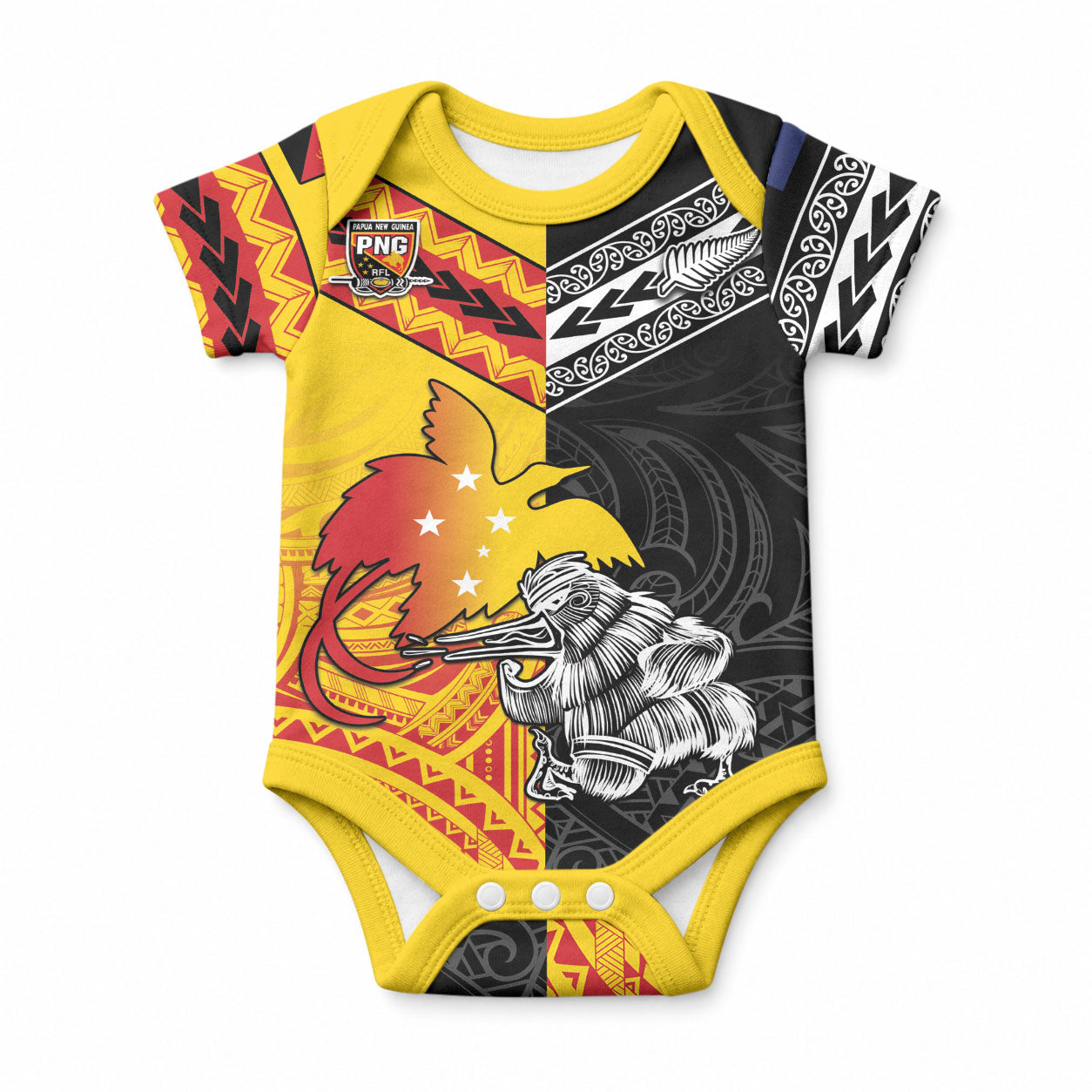 New Zealand And Papua New Guinea Rugby Custom Baby Onesie Maori Kiwi With Bird of Paradise LT05 Black - Polynesian Pride