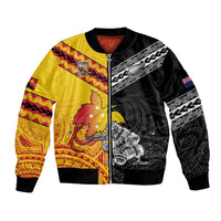 New Zealand And Papua New Guinea Rugby Custom Bomber Jacket Maori Kiwi With Bird of Paradise LT05 Unisex Black - Polynesian Pride