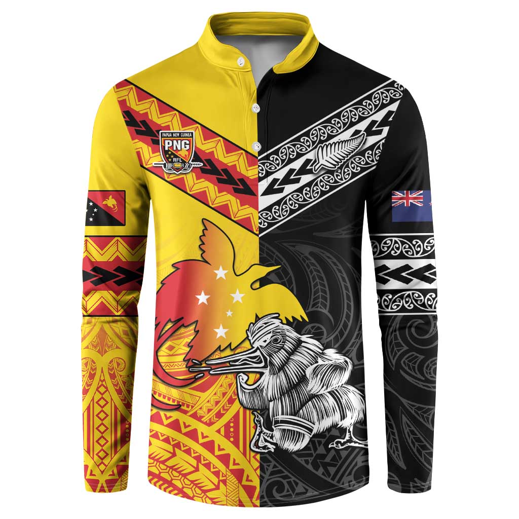 New Zealand And Papua New Guinea Rugby Custom Button Sweatshirt Maori Kiwi With Bird of Paradise LT05 Black - Polynesian Pride