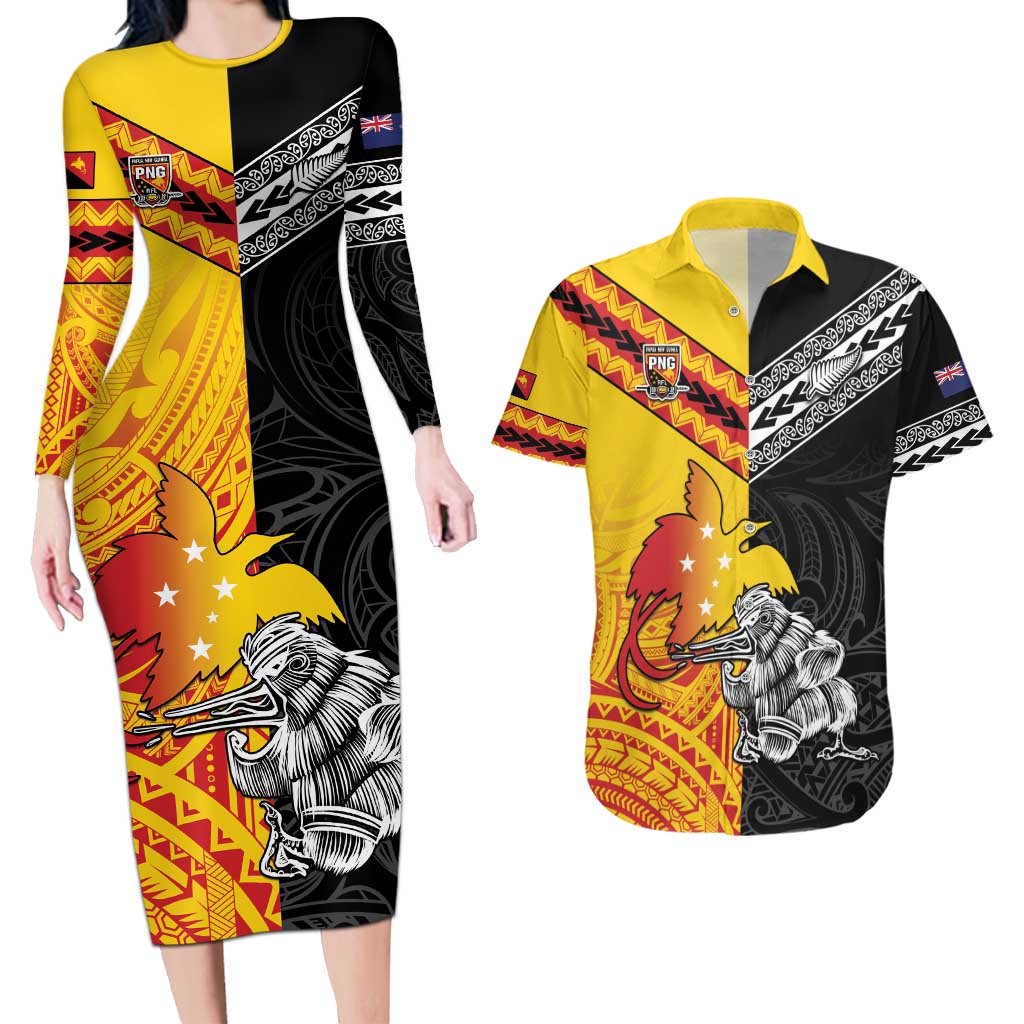 New Zealand And Papua New Guinea Rugby Custom Couples Matching Long Sleeve Bodycon Dress and Hawaiian Shirt Maori Kiwi With Bird of Paradise LT05 Black - Polynesian Pride