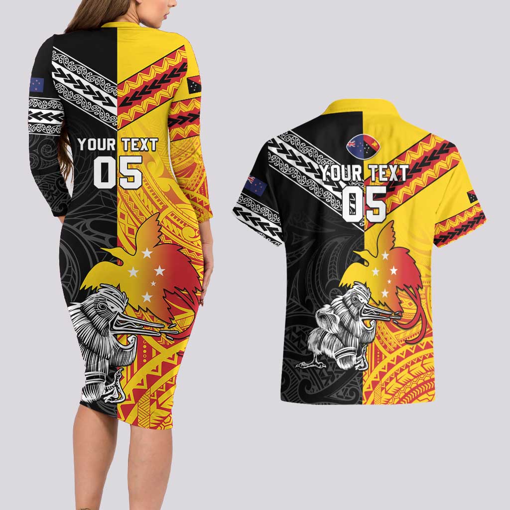 New Zealand And Papua New Guinea Rugby Custom Couples Matching Long Sleeve Bodycon Dress and Hawaiian Shirt Maori Kiwi With Bird of Paradise LT05 - Polynesian Pride