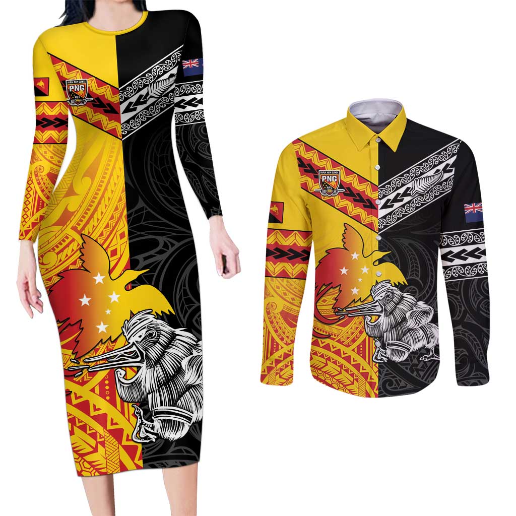 New Zealand And Papua New Guinea Rugby Custom Couples Matching Long Sleeve Bodycon Dress and Long Sleeve Button Shirt Maori Kiwi With Bird of Paradise LT05 Black - Polynesian Pride