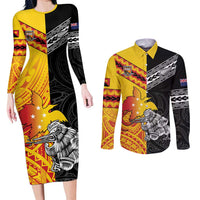 New Zealand And Papua New Guinea Rugby Custom Couples Matching Long Sleeve Bodycon Dress and Long Sleeve Button Shirt Maori Kiwi With Bird of Paradise LT05 Black - Polynesian Pride