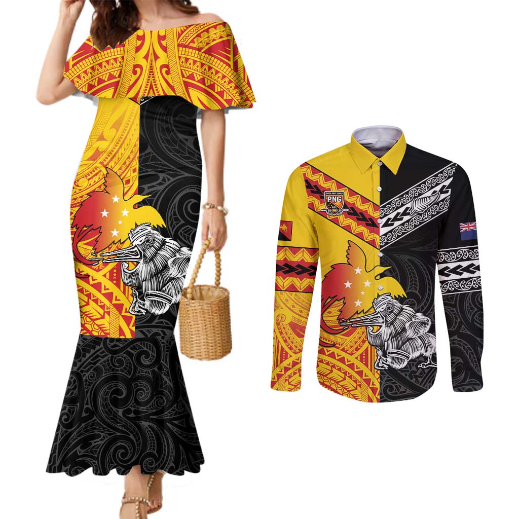 New Zealand And Papua New Guinea Rugby Custom Couples Matching Mermaid Dress and Long Sleeve Button Shirt Maori Kiwi With Bird of Paradise LT05 Black - Polynesian Pride