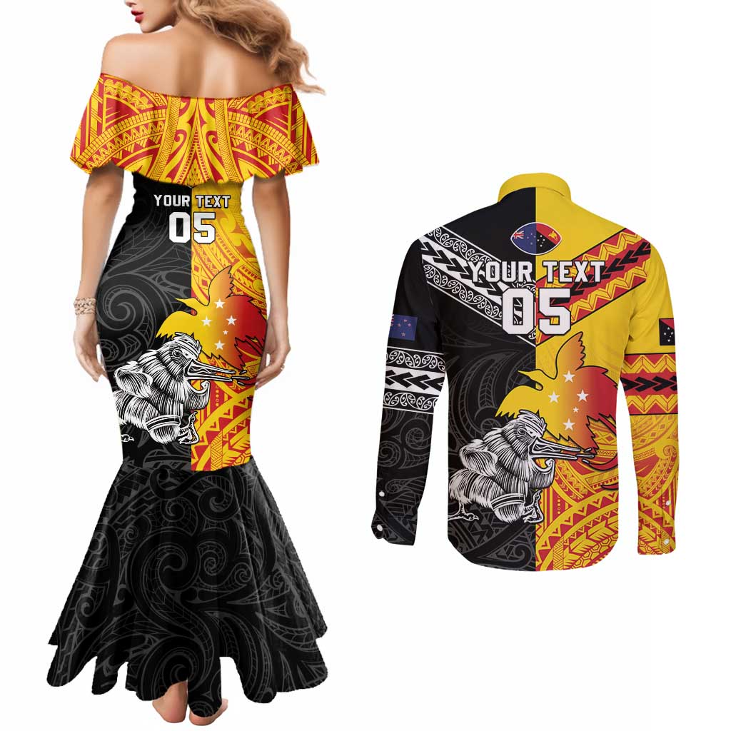 New Zealand And Papua New Guinea Rugby Custom Couples Matching Mermaid Dress and Long Sleeve Button Shirt Maori Kiwi With Bird of Paradise LT05 - Polynesian Pride