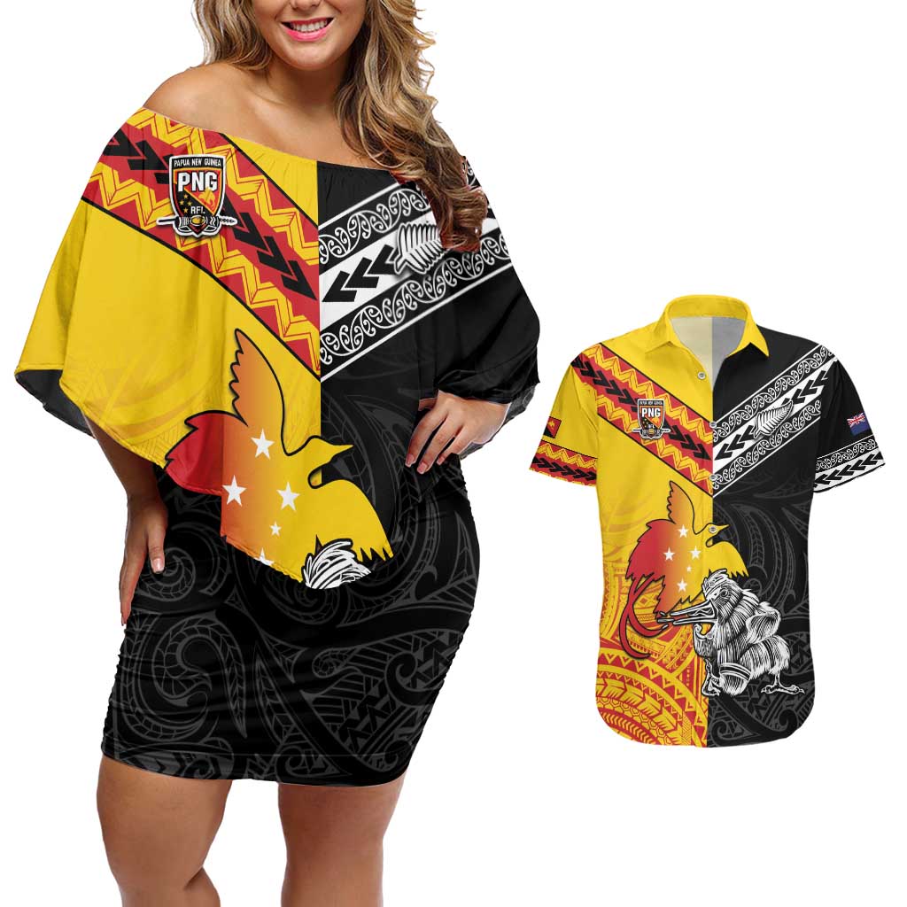 New Zealand And Papua New Guinea Rugby Custom Couples Matching Off Shoulder Short Dress and Hawaiian Shirt Maori Kiwi With Bird of Paradise LT05 Black - Polynesian Pride