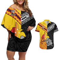 New Zealand And Papua New Guinea Rugby Custom Couples Matching Off Shoulder Short Dress and Hawaiian Shirt Maori Kiwi With Bird of Paradise LT05 Black - Polynesian Pride