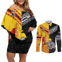 New Zealand And Papua New Guinea Rugby Custom Couples Matching Off Shoulder Short Dress and Long Sleeve Button Shirt Maori Kiwi With Bird of Paradise LT05 Black - Polynesian Pride