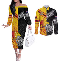 New Zealand And Papua New Guinea Rugby Custom Couples Matching Off The Shoulder Long Sleeve Dress and Long Sleeve Button Shirt Maori Kiwi With Bird of Paradise LT05 Black - Polynesian Pride