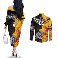 New Zealand And Papua New Guinea Rugby Custom Couples Matching Off The Shoulder Long Sleeve Dress and Long Sleeve Button Shirt Maori Kiwi With Bird of Paradise LT05 - Polynesian Pride