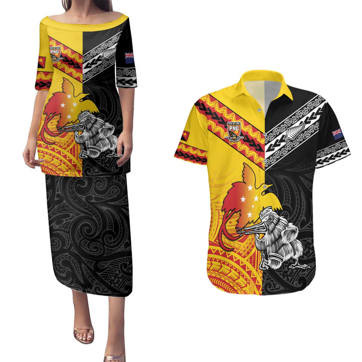 New Zealand And Papua New Guinea Rugby Custom Couples Matching Puletasi and Hawaiian Shirt Maori Kiwi With Bird of Paradise LT05 Black - Polynesian Pride