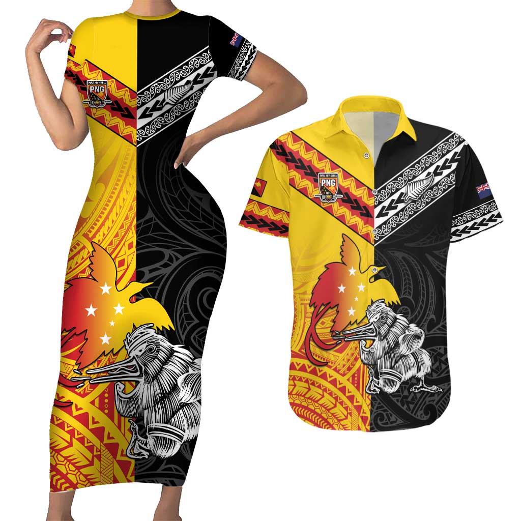 New Zealand And Papua New Guinea Rugby Custom Couples Matching Short Sleeve Bodycon Dress and Hawaiian Shirt Maori Kiwi With Bird of Paradise LT05 Black - Polynesian Pride
