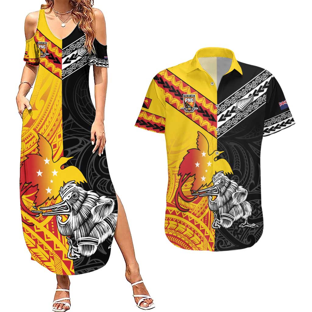 New Zealand And Papua New Guinea Rugby Custom Couples Matching Summer Maxi Dress and Hawaiian Shirt Maori Kiwi With Bird of Paradise LT05 Black - Polynesian Pride