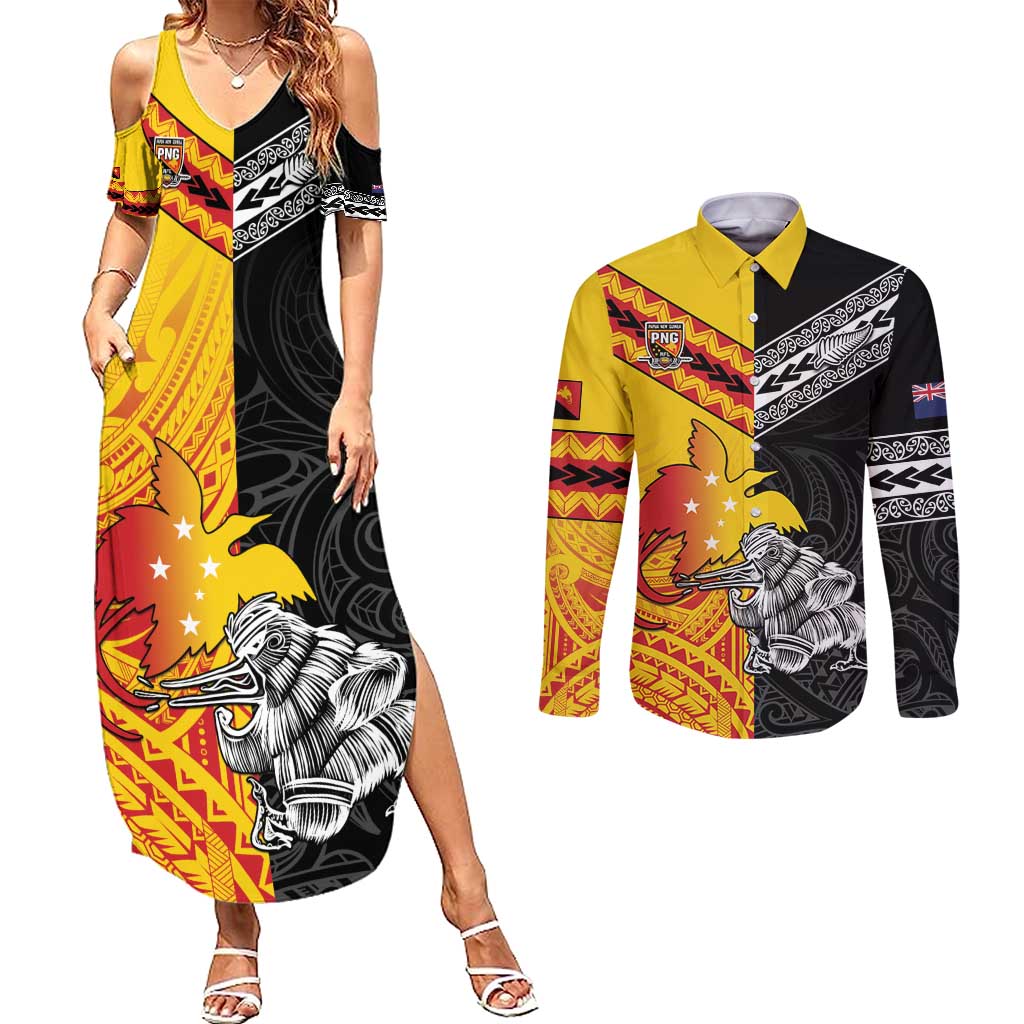New Zealand And Papua New Guinea Rugby Custom Couples Matching Summer Maxi Dress and Long Sleeve Button Shirt Maori Kiwi With Bird of Paradise LT05 Black - Polynesian Pride