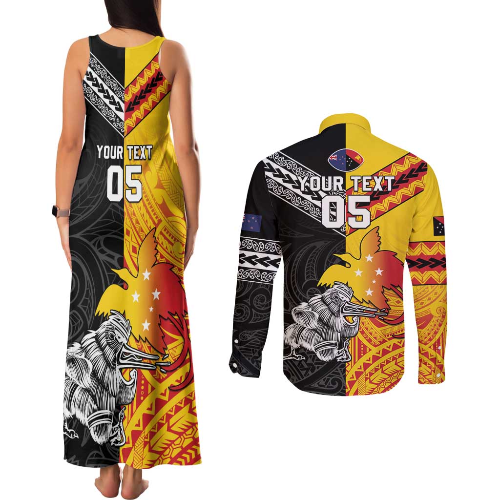 New Zealand And Papua New Guinea Rugby Custom Couples Matching Tank Maxi Dress and Long Sleeve Button Shirt Maori Kiwi With Bird of Paradise LT05 - Polynesian Pride