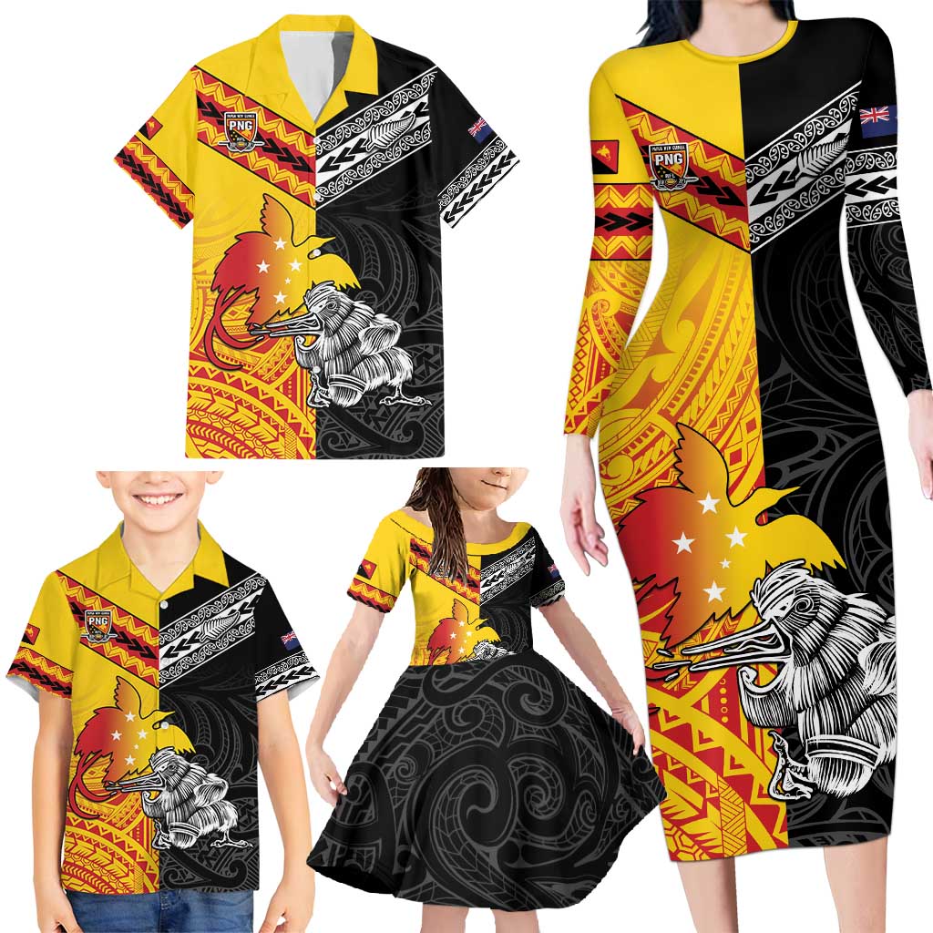 New Zealand And Papua New Guinea Rugby Custom Family Matching Long Sleeve Bodycon Dress and Hawaiian Shirt Maori Kiwi With Bird of Paradise LT05 - Polynesian Pride
