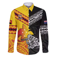 New Zealand And Papua New Guinea Rugby Custom Family Matching Long Sleeve Bodycon Dress and Hawaiian Shirt Maori Kiwi With Bird of Paradise LT05 Dad's Shirt - Long Sleeve Black - Polynesian Pride