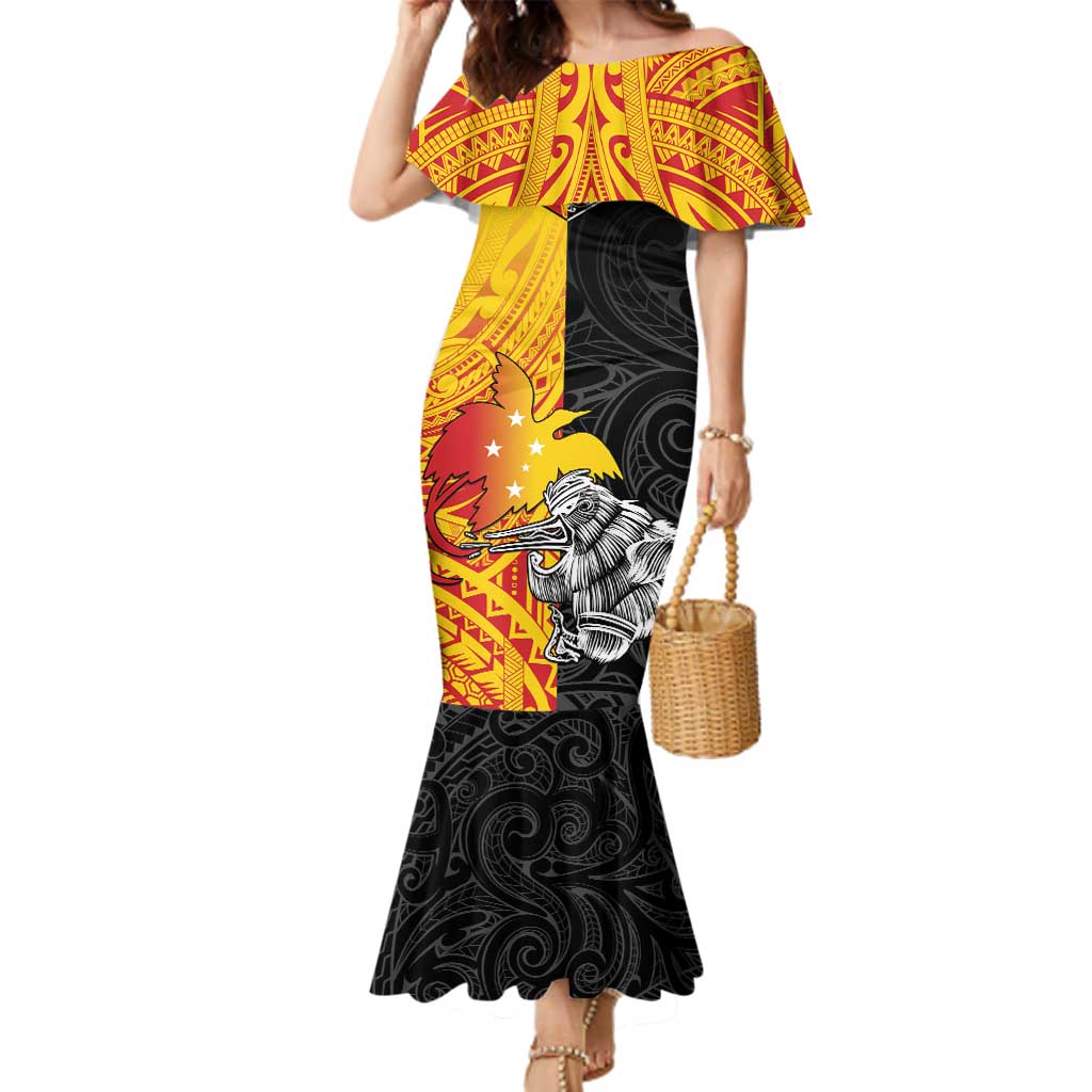New Zealand And Papua New Guinea Rugby Custom Family Matching Mermaid Dress and Hawaiian Shirt Maori Kiwi With Bird of Paradise LT05 Mom's Dress Black - Polynesian Pride